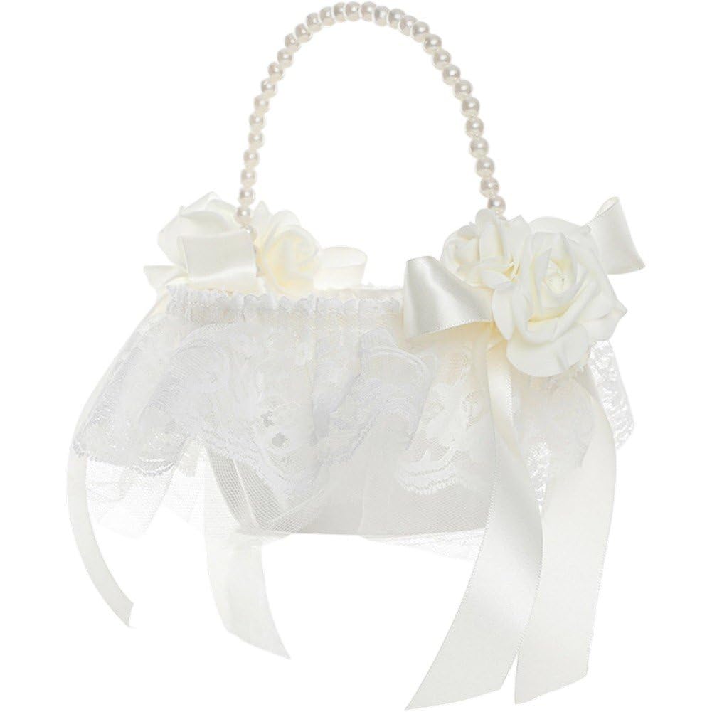 Luxylei Wedding Flower Girl Basket with Pearl Handle, Satin Bowknot Wedding Party Flower Girl Basket for Weddings, Anniversary Celebrations