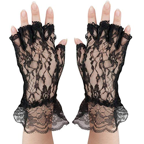 Skeleteen Fingerless Lace Black Gloves - Ladies and Girls Ruffled Lace Finger Free