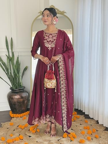 Image of Yashika Women Embroidered Vichitra Silk Fabric Straight Kurta, Pant and Dupatta Set | Kurta Set for Women