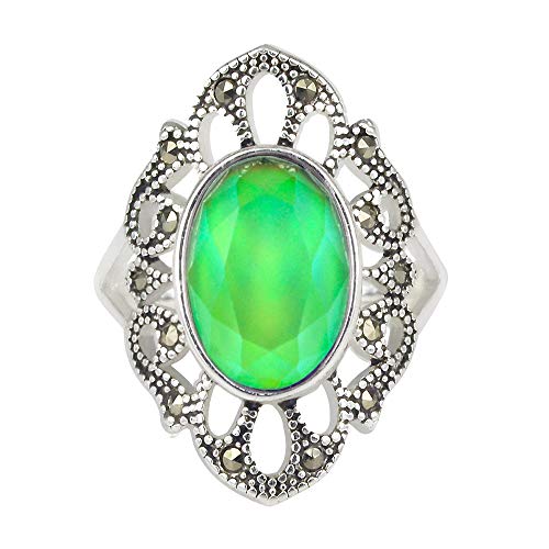 Fun Jewels Antique Silver Tone Vintage Multi Color Change Facet Oval Crystal Stone Brass Mood Ring