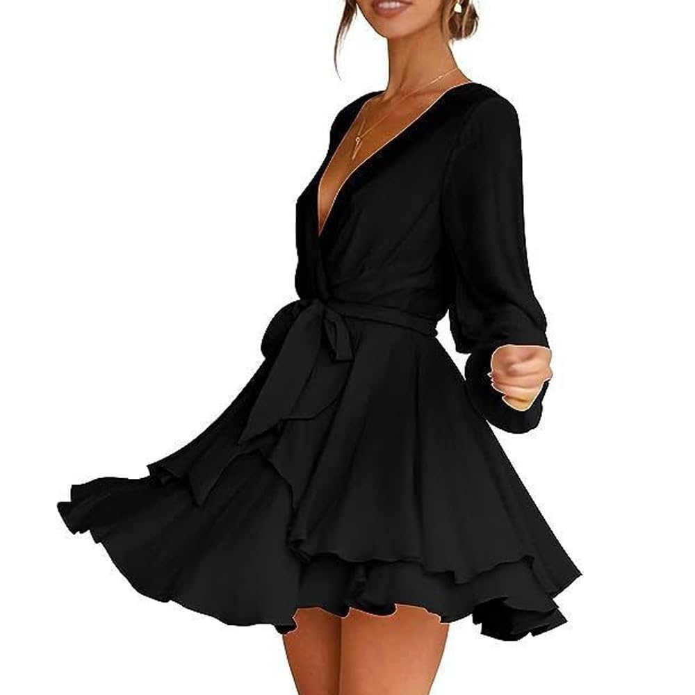 Vestito Donna Corto Mini Abito con Profondo Scollo a V Maniche Lunghe Sexy Miniabiti Swing Abito da Skater Casual Discoteca Cocktail Clubwear con Cintura