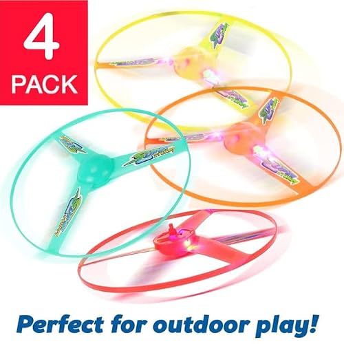 Liberty Imports 4 Pack: Light Up Rip Cord Ufo Flying Saucers, 12-Inch Led Large Copter Sky Launcher Aerial Disc Pull Cord Toy For Kids And Adults #TOP6