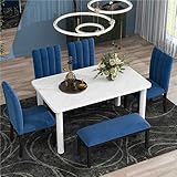 Harper & Bright Designs 6-Piece Dining Set with Marble Sticker Covered Table, 4 Upholstered Chairs and Bench, Solid Wood Dining Furniture Set, Marble + Blue