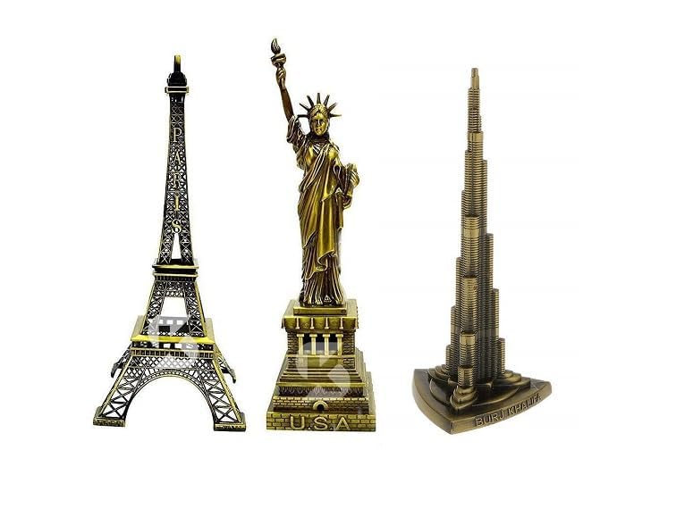 Orca International Co. Metal Combo Paris Eiffel Tower Statue of Liberty & Also Burj Khalifa for Home Decoration for Gift Items, Metallic Color, 12 cm Height