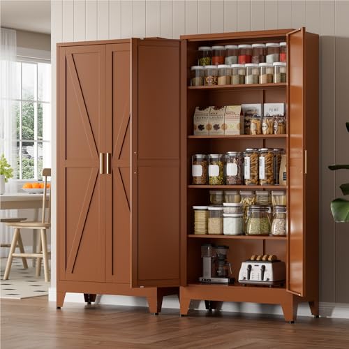 Image of LCAOPC 71 inch Tall Metal Storage Cabinet with 2 Doors and 4 Adjustable Shelves, 5-Tier Kitchen Pantry Storage Cabinet for Kitchen, Living Room, Dining Room and Office, Brown