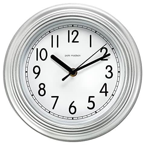Park Madison Small Silver Wall Clock Quiet 9 Inch Quality Quartz Battery Operated Round Easy to Read Home/Office/Kitchen/Classroom/School Clock Classic Movement Cover