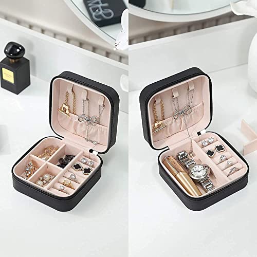 Image of Mini Jewellery Travel Case, PU Leather Organizer Box, Small Portable Jewellery Storage Holder for Womens Rings Earrings Necklaces (Peach-PU Leather Box) - (Black)