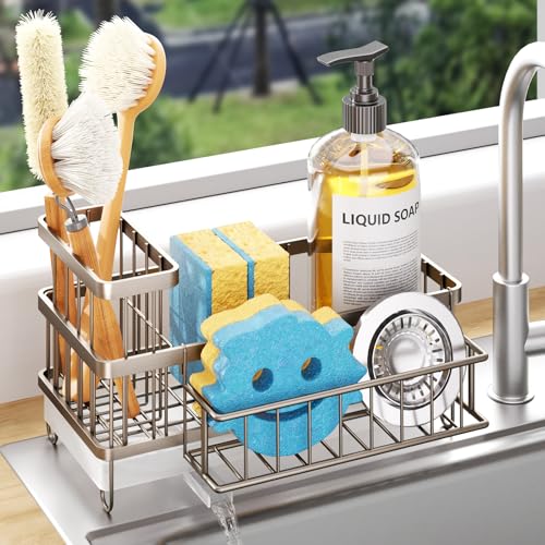 Consuemst Sponge Holder for Kitchen Sink - Auto Draining Sink Caddy Organizer with Detachable Rack, High Brush Holder, Kitchen Countertop Storage Accessories, Sand Nickel