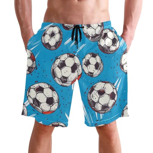 Men's Swim Trunks Quick Dry Swimming Shorts with Pocket Soccer Balls on Blue Background Swimsuit Trunks