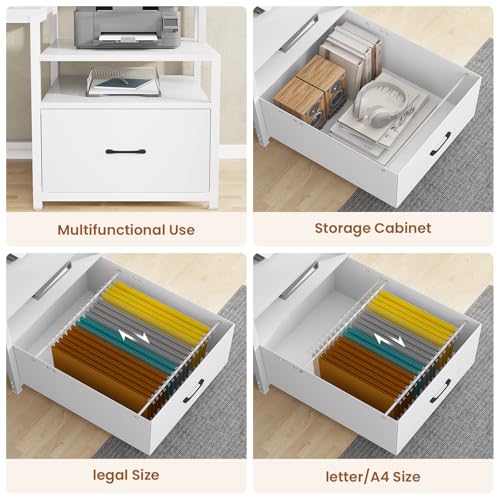 Image of SEDETA White Computer Desk with 5 Drawer & Power Outlet, 66'' Home Office Desk with File Drawer, Storage Shelves, Printer Cabinet and Monitor Shelf, Gaming Desk with Led Lights