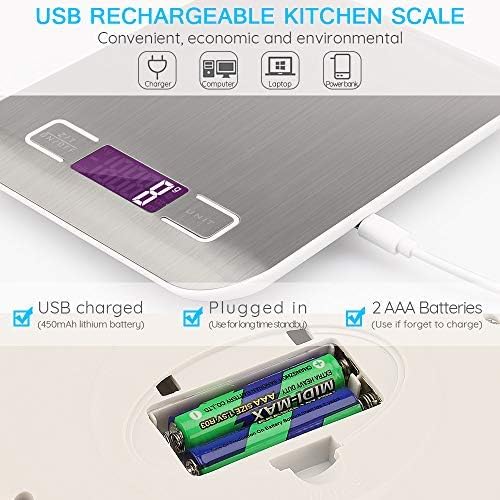 Rechargeable Food Scale, Upgraded USB Kitchen Scale with Back-Lit LCD, Stainless Steel,11lbs/5KG,0.04oz/1g Division, 2AAA Batteries included (Silver)