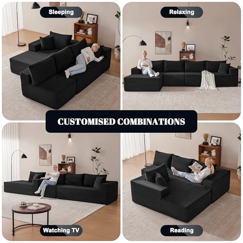 Image of Mangodan 140 inch Cloud Sectional Couch, Modular Sectional Sofa with Deep Seat, Boneless Sofa for Living Room, Fluffy Comfy L-Shaped Couch with Left Facing Chaise, No Assembly Required, Black