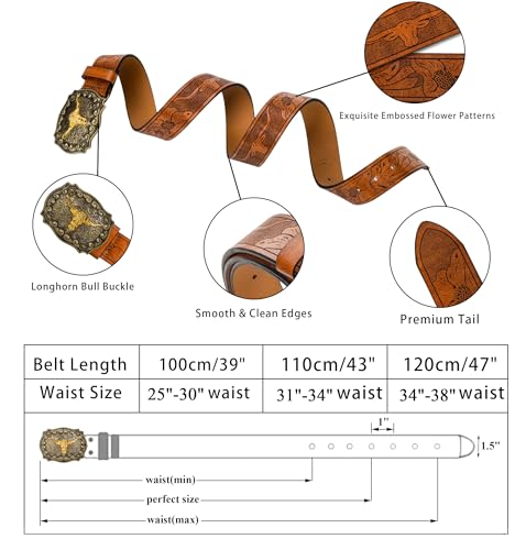UTOWO Western PU-Leather Cowboy Buckle Belt for Men and Women Jeans Engraved Floral Longhorn Bull Buckle Belt (25-38" waist)4