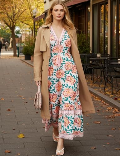 Image of Sunny Spirit Womens Maxi Boho Dresses Floral Print Summer V Neck 2025 Flowy Tassel Long Casual Dress with Long Puff Sleeves