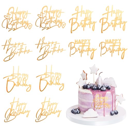XLIUAX 12 Pcs Happy Birthday Cupcake Toppers, Acrylic Cake Topper Sign Mini Cakes Supplies Cupcake Gold Happy Birthday Decoration for Celebrating Birth Born Theme Party