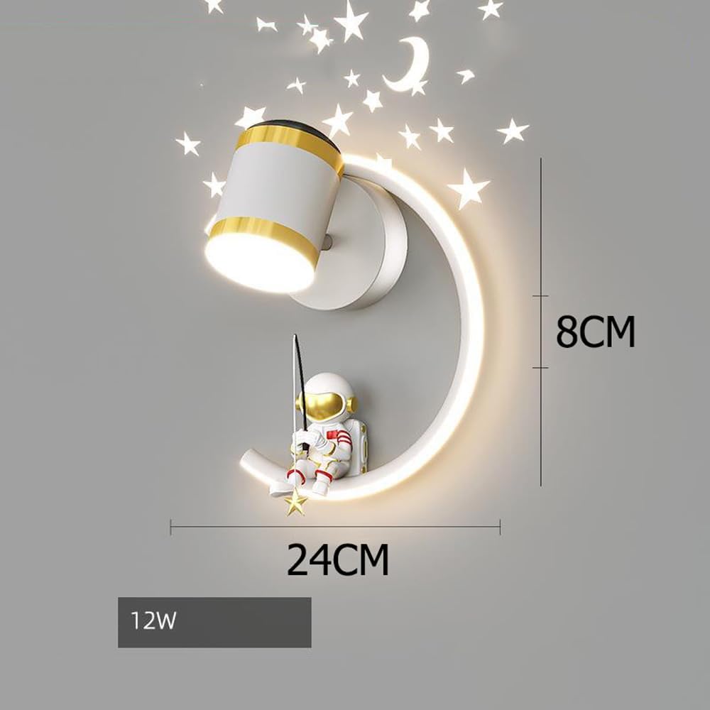 Astronaut Kids Wall Sconce for Bedroom 12W Dimmable LED Wall Mounted Light with Projector Stars Starry White Nordic Modern Bedside Wall Lamp for Children Room Boys Girls Nursery