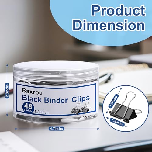 Medium Binder Clips 1.25 Inch (48 Pack) with Container,Binder Clips Big Paper Clips Clamps for Office and Home Supplies, Black