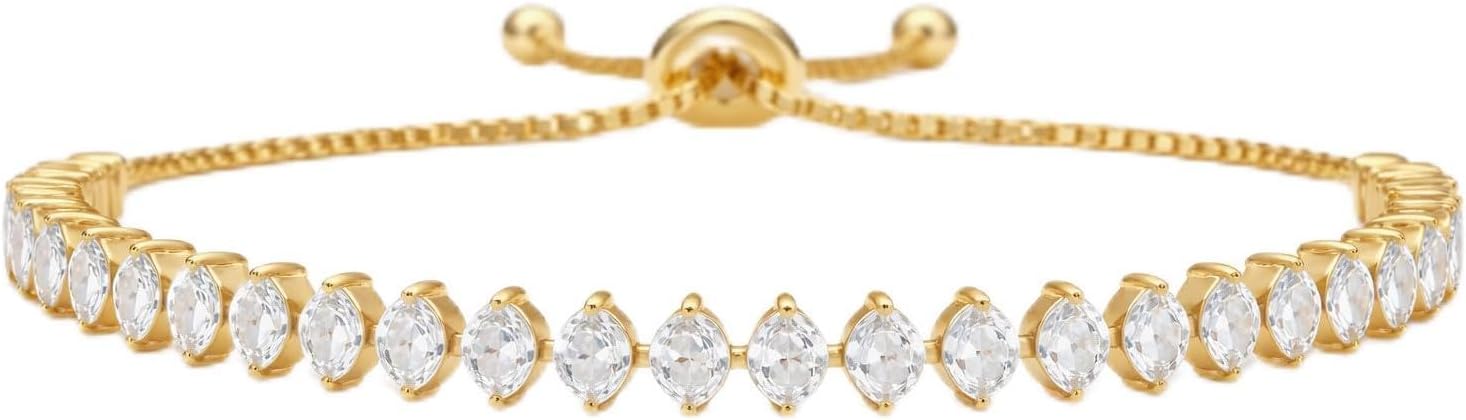 SWEET PEEPS 18K Gold Dipped CZ Tennis Bracelet for Women, Marquise Cut Cubic Zirconia Adjustable Bracelet, Dainty Gold Jewelry for Everyday Wear