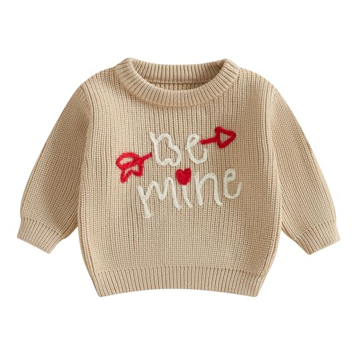 GINEVSAL Toddler Baby Girl Boys Valentine's Day Knit Sweater Long Sleeve Crewneck Letter Heart Arrow Embroidery Knitwear (Khaki, 18-24 Months)