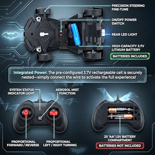 Image of Remote Control Batmobile with Mist Spray, High-Speed LED RC Car, USB Rechargeable, Racing Toy for Boys & Girls 3+, Black