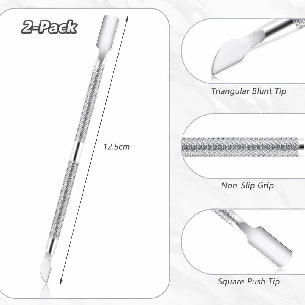 Empujador de Cutículas 2 en 1, Pack de 2, Acero Inoxidable, Punta Triangular y Cuadrada, Manicura y Pedicura