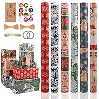 Papel Regalo Navidad 6 Rollo 43x300 CM Papel de Regalo Navidad con Motivos de Alce, Estrella y árbol de Navideña Ideal para Regalos de invierno, Cumpleaños y Decoración Navideña (06)