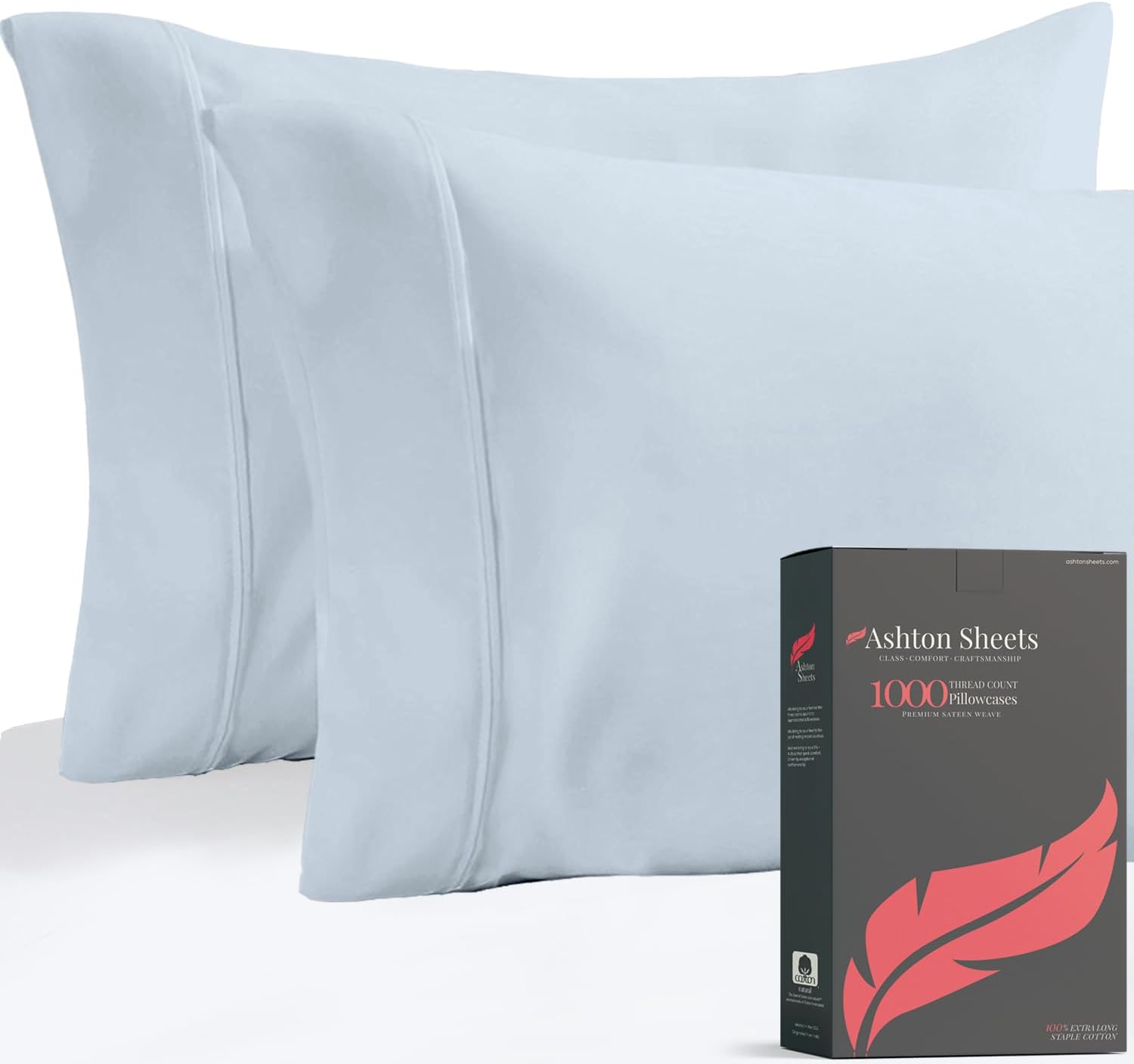 Ashton Sheets Luxury Egyptian Cotton King Pillow Cases Set of 2 - High Thread Count King Pillowcases, Soft, Sateen Weave Cooling Pillowcase, Extra Long Staple Hotel Quality Pillow Cover - Light Blue Light Blue King Pillowcases