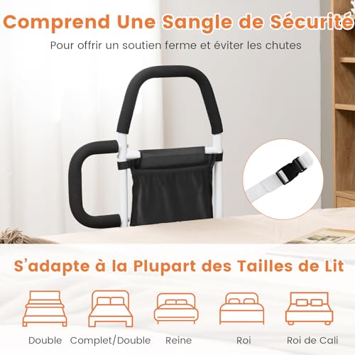 Barrière de lit médical Costway avec double main courante et sangle - 7