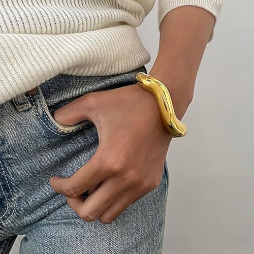 Gold cuff bracelets for women Chunky Heavy Metal Open Cuff Bangles for Women Irregular Wide Arm Bracelet(golden)3