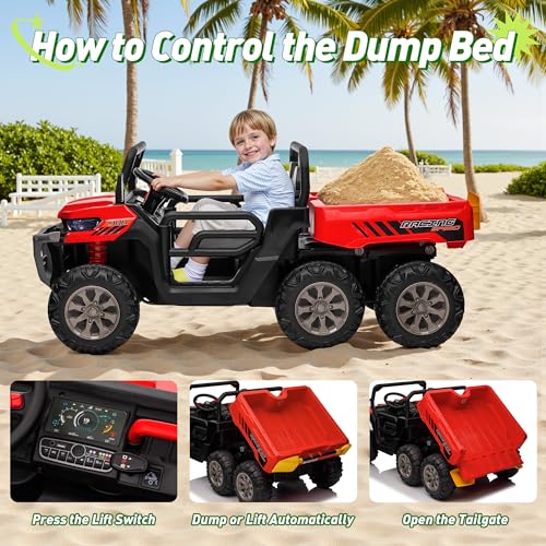 Image of 24V Ride on Dump Truck, XL 2 Seater Ride on Cars with Remote Control, 4x200W Powerful Motors, 6-Wheel Suspensions, Electric Dump Bed, Shovel, Kids UTV for Boy Girl
