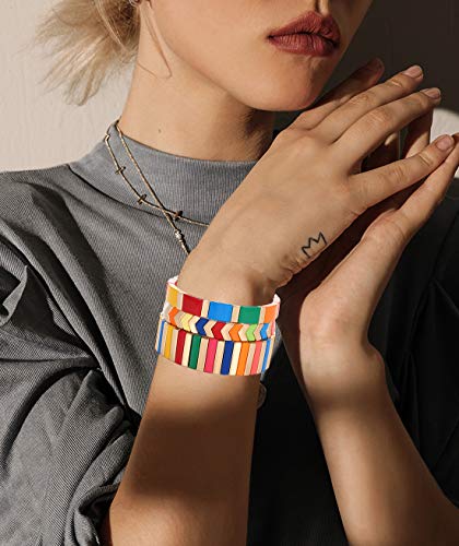 LENOOCLE Rainbow Enamel Tile Bracelet Colorful Enameled Beaded Stretch Bracelet Stackable Color-Block Strand Bracelet Set for Women Men2