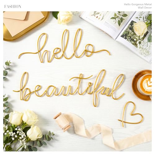 Image of Hicarer Metal Hello Gorgeous Wall Art Minimalist Decor for Bedroom Bathroom Living Room Dressing Room Salon Office Home Decorations Easy to Install Wall Decor(Gold,Lovely Style)