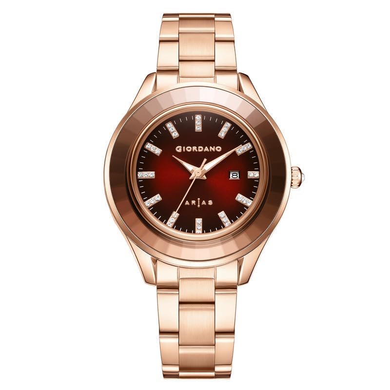 Image of Giordano Arias Lara Dutta Signature Collection Analog Quartz Watch for Women Round Sunray Dial Crystal Hour Markers, Date Display & Stainless Steel Strap