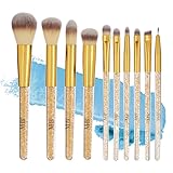 10pc Pro Makeup Brush Set w/Sparkling Gemstones in Gold - 10 Quality Soft Bristle Makeup Brushes For Everyday Use - Professional Makeup Brushes & Tools