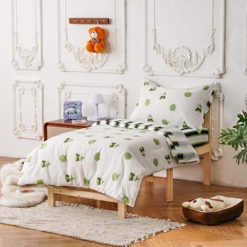 Image of KAREVER Stripes Toddler Bedding Set Green Apple Print 4 Pieces Crib Bed Set Kids White Green Striped Comforter Set