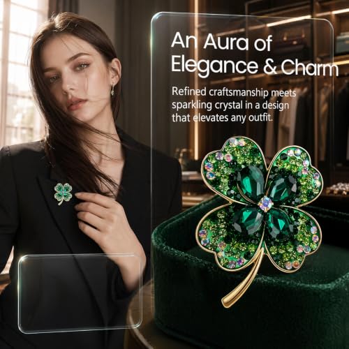 Kemay Four Leaf Clover Brooches for Women UK - Green Crystal Shamrock Brooch Pin, Lucky Irish Gifts for St Patricks Day, Elegant Jewellery Accessories for Wedding Party - Image 4