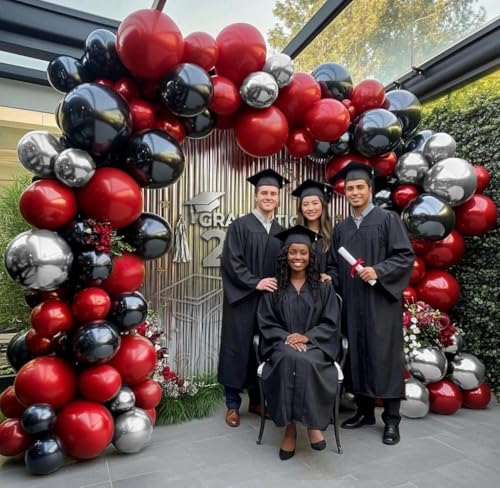 Image of Red Black Balloon Arch, Double Stuffed Dark Ruby Red Black Silver Balloon Garland Kit Burgundy Maroon Balloons for Birthday Wedding Valentines Day Baby Shower Engagement Graduation Party Decor