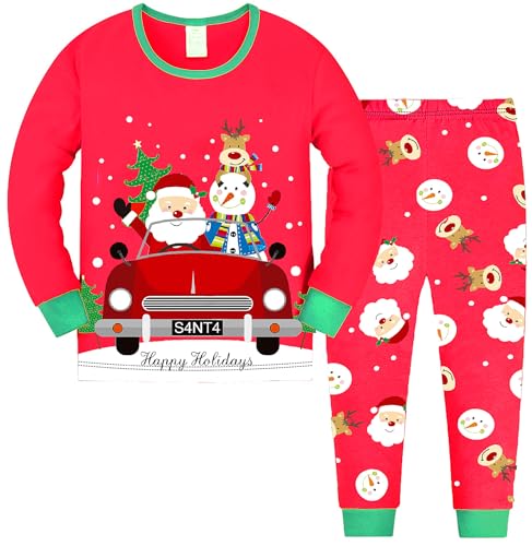 Image of TCWWBB Boys Girls Christmas Pyjamas for 7-8 Years Old Kids Unisex Xmas Pjs Set Santa Claus Reindeer Snowmen Car Print Red Nightwear Children Crewneck Cotton Long Sleeve 2Pcs Sleepwear