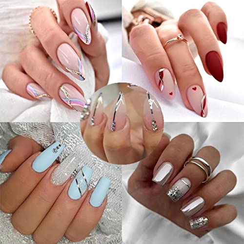 12 Sheets Line Nail Art Stickers Decals 3D Aurora Nail Stickers Holographic Self-Adhesive Silver Stripe Nail Decals Curve Stripe Chain Wave Lines French Nail Designs Decoration For Women Nail Supplies #TOP1