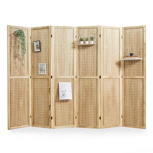 Pegboard Display, 5.6Ft Portable Freestanding Wall Organizer Wooden Room Divider Folding Privacy Screens for Craft Art Display Board (6panels, Natural)