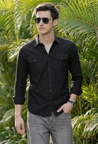 Image of IndoPrimo Men's Cotton Shirt with Stylish Flap Pockets Full Sleeves Spread Collared Neck Solid Pattern Western Style Classic Fit and Standard Length