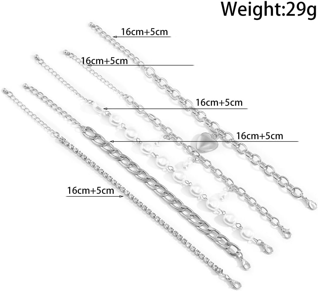 Fashion Layered Gold Pearls Bracelets Set for Women Chunky Cuban Link Chain Bangles Boho Adjustable Rhinestone Heart Bracelets Jewelry Gift - Image 3
