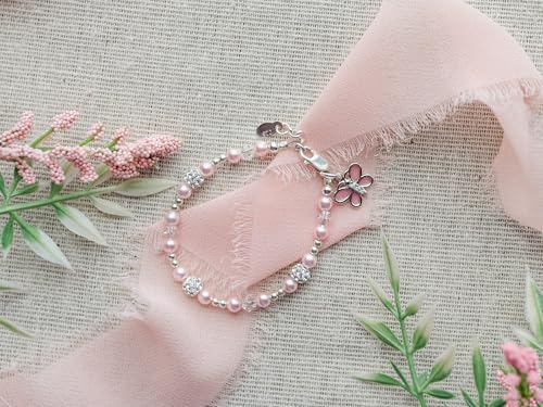 Cherished Moments Sterling Silver Pink Butterfly Charm Bracelet for Babies, Toddlers or Little Girls. High-End Simulated Pink Pearls, Crystals and Stardust Beads, Gift for Birthday or Granddaughter3