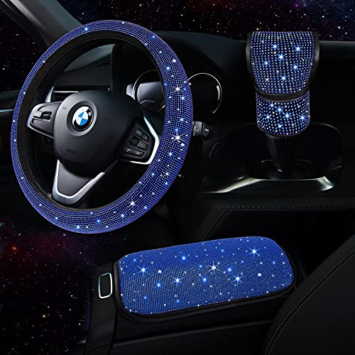 TZARROT Blue Bling Auto Zubehör Set für Frauen, Bling Lenkradbezug für Frauen Universal Fit 15 Zoll, Strass Mittelkonsole Abdeckung, Bling Gear Shift Cover, Kristall Auto Dekor Set 3pc TZARROT Blue Bling Auto Zubehör Set für Frauen, Bling Lenkradbezug für Frauen Universal Fit 15 Zoll, Strass Mittelkonsole Abdeckung, Bling Gear Shift Cover, Kristall Auto Dekor Set 3pc