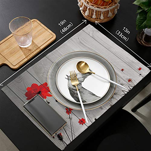 Maconaa Red Poppy Flowers Placemats For Dining Table Set Of 6, Rustic Grey Farmhouse Cotton Linen Place Mats For Kitchen/Dining, Durable, Washable Table Mats 13''X19'' Floral Table Decor, Red-3 #TOP5