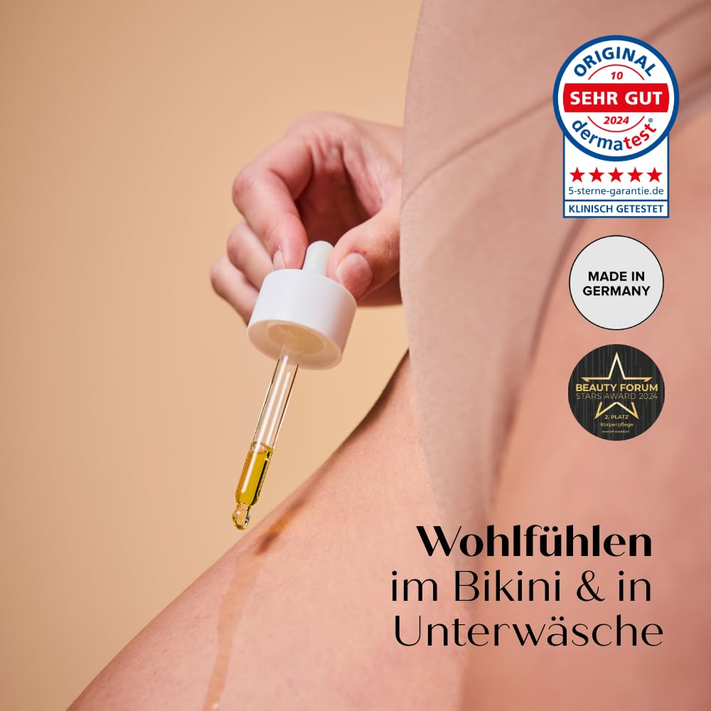 juno & me – Intimate Feel Good & Beauty Oil: After Shave Öl für Intimzone nach Rasur - mit 12 hochwertigen Ölen & Aloe Vera - bei Trockenheitsgefühl im Intimbereich - vegane Intimpflege Damen - 30ml