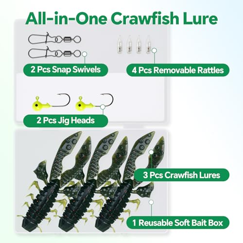 Image of Battle Craw Soft Plastic Crawfish Lures Kit with Removable Rattles | Salt Infused Creature Bait for Bass Fishing, Texas Rig & Jig Trailer Lure in Tackle Box, Realistic 1:1 Claw-to-body 4.1 /5.5in