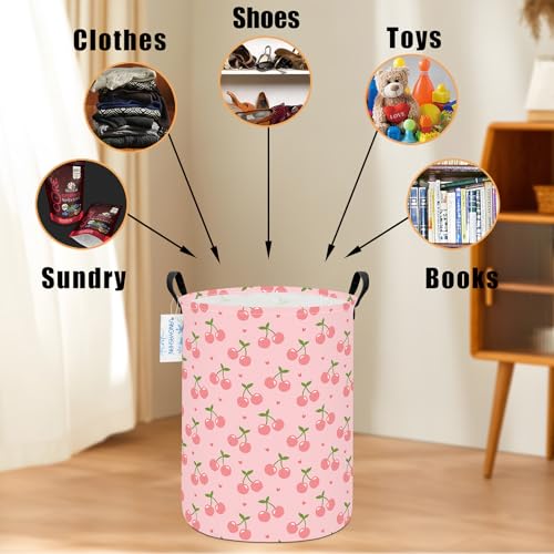 Image of Round Laundry Basket Collapsible Storage Hamper Organizer Pink Cherry | Waterproof Canvas Foldable Baskets with sturdy Handles Multi-scene Organizer for Home Play Bedroom Gift Bin