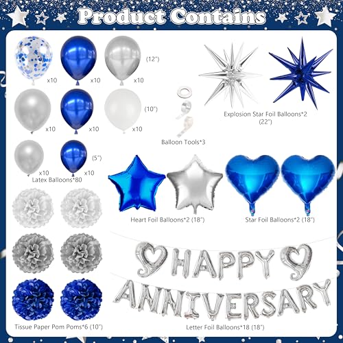 Image of Happy Anniversary Party Decoration 101Pcs, Blue and Silver Anniversary Party Supplies Backdrop Banner Blue and Silver Balloon Arch Kit Tablecloth for Wedding Anniv. Decor