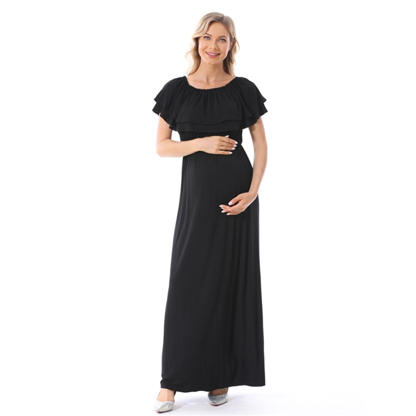 Abito Lungo Premaman con Volant, Abito Premaman con Spalle Scoperte, Abito Premaman for Gravidanza e Allattamento, Servizio Fotografico for Mamme, Abiti Premaman